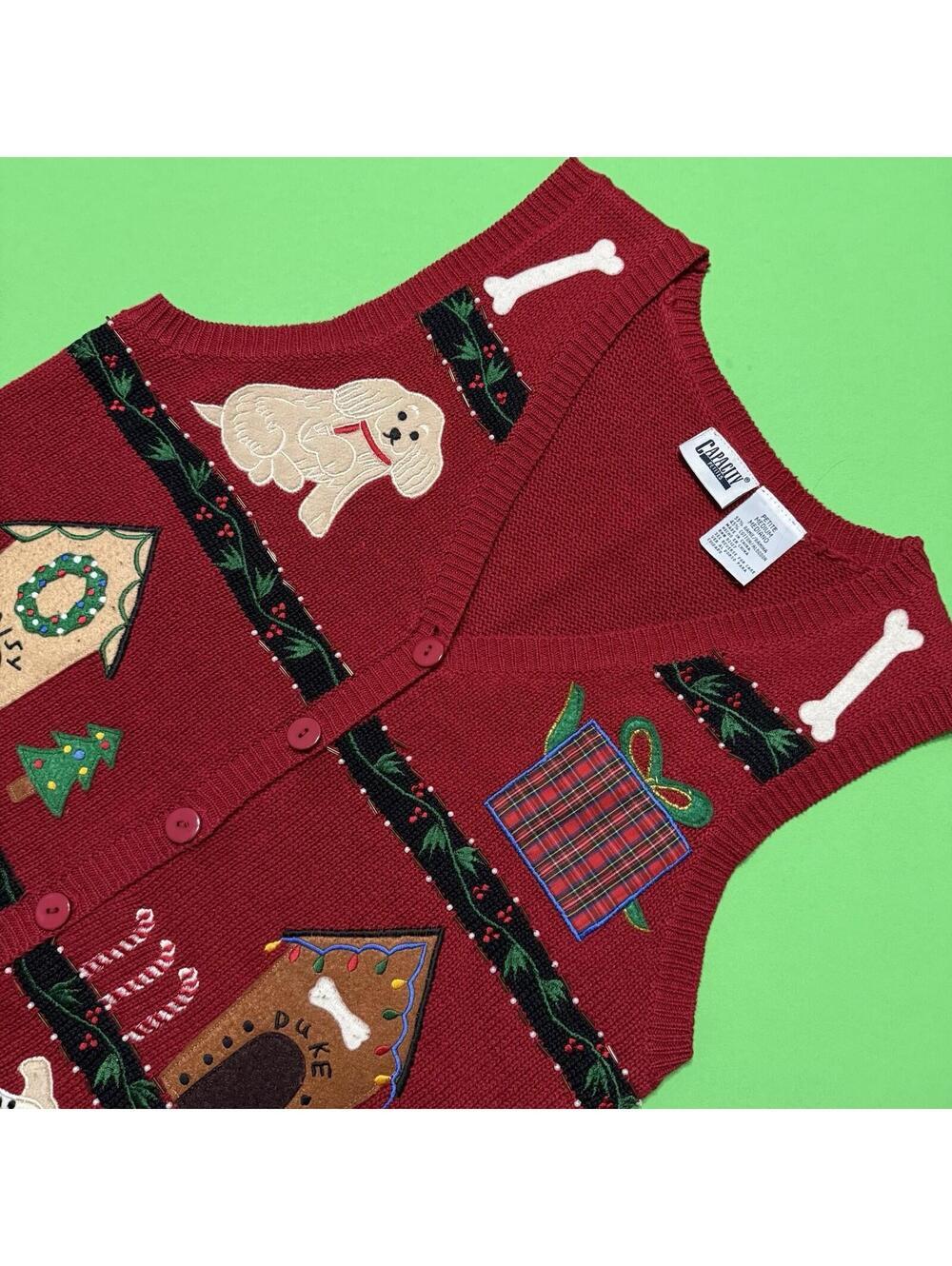 Capacity Vintage Red Knitted Christmas Sweater Vest Women Petite M Holiday Dogs